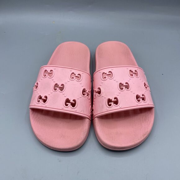 Gucci Rose Pink Rubber GG Logo Slide Sandals Authentic Women Size 36 5.5/6 - Picture 3 of 7